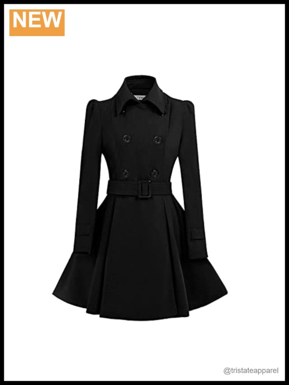 Wool Pea Coat Double-Breasted Swing A-Line Belted